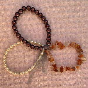 Pretty Set of 3  Plum Faux Pearl, White Rice Pearl & Carnelian Stretch Bracelets